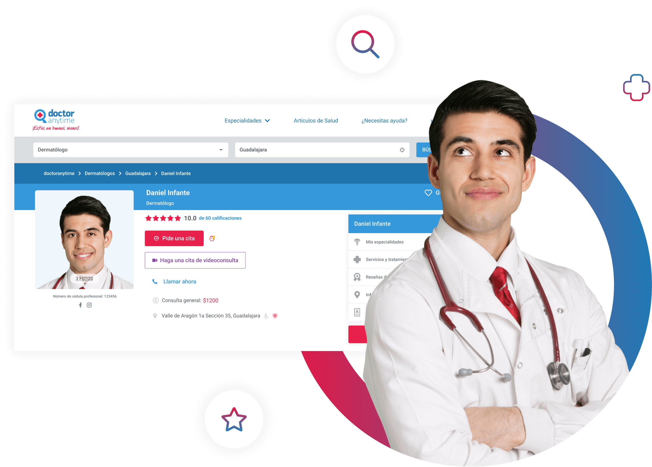 Médico Dermatólogo con su perfil completo en la plataforma médica de Doctoranytime para hacer consultas médicas en línea